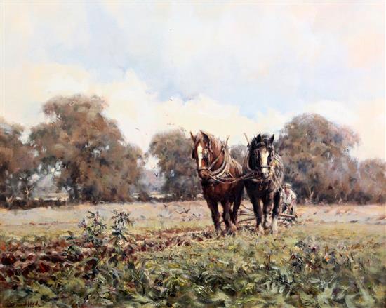 David Hyde (1947-) Shire horses ploughing a field, 26 x 31.5in.